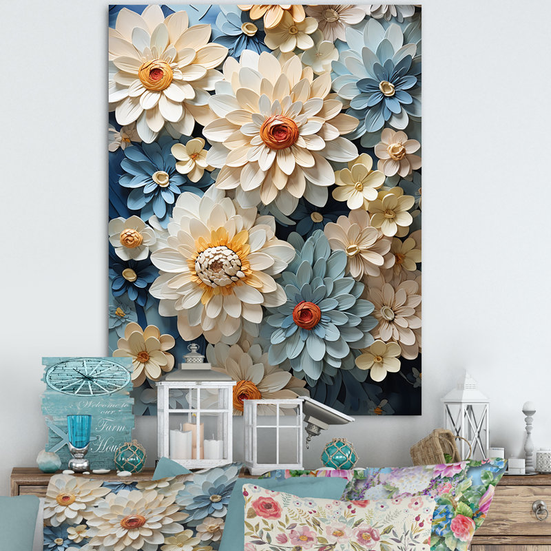 Décoration murale fleurs bleues Zinnias II - Zinnias, Toile tendue, H 20 po x l 12 po