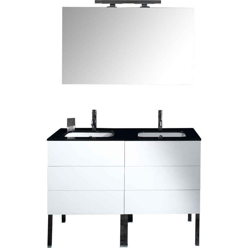 Ensemble de meuble-lavabo de salle de bain double fixé au mur 47 po avec miroir Devon, Blanc lustré