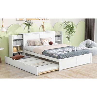 White Queen Size Bed With Pull Out Shelves And Twin Xl Trundle - Construction, Modern Bedroom Style Build, 93.6''W Product Width