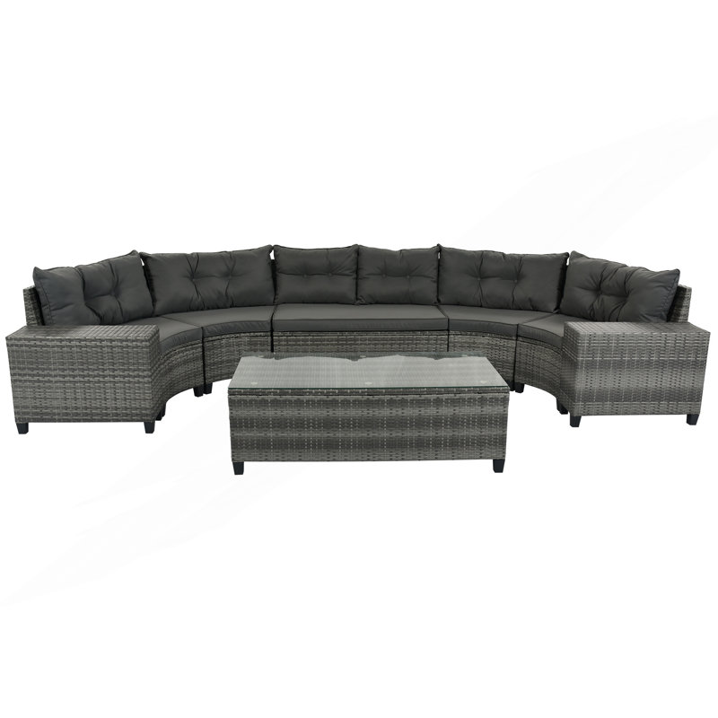 Ensemble de canapé rond en osier 8 pièces, ensemble de canapé demi-lune modulaire incurvé avec table basse rectangulaire