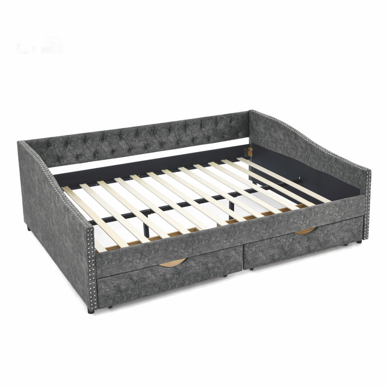 Tufted Upholstered Daybed with Storage Drawers, Elegant Button and Nailhead Details, Queen, Dark Gray