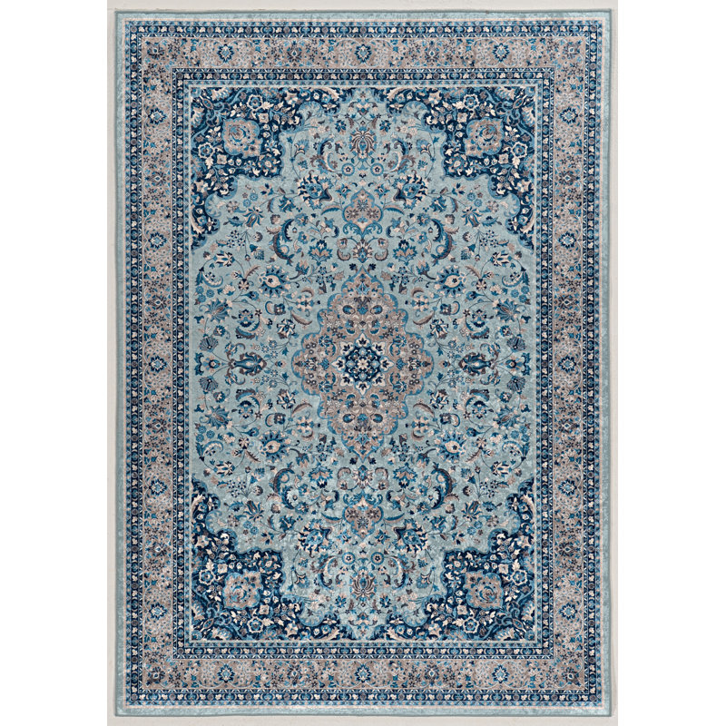 Emanuel Traditional Machine Woven Flatweave Light Blue and Blue Area Rug with Non Skid Backing , Rectangle 6'7" x 9'7"