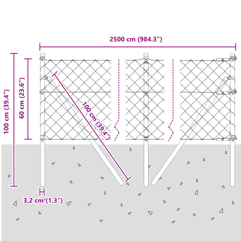 Chain Link Fence With 13 Posts Galvanised Steel, Green, 60cm H x 2500cm W