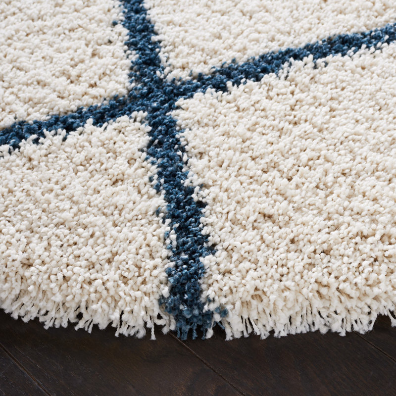 Feltner Geometric Ivory/Slate Blue Area Rug, Round 7'