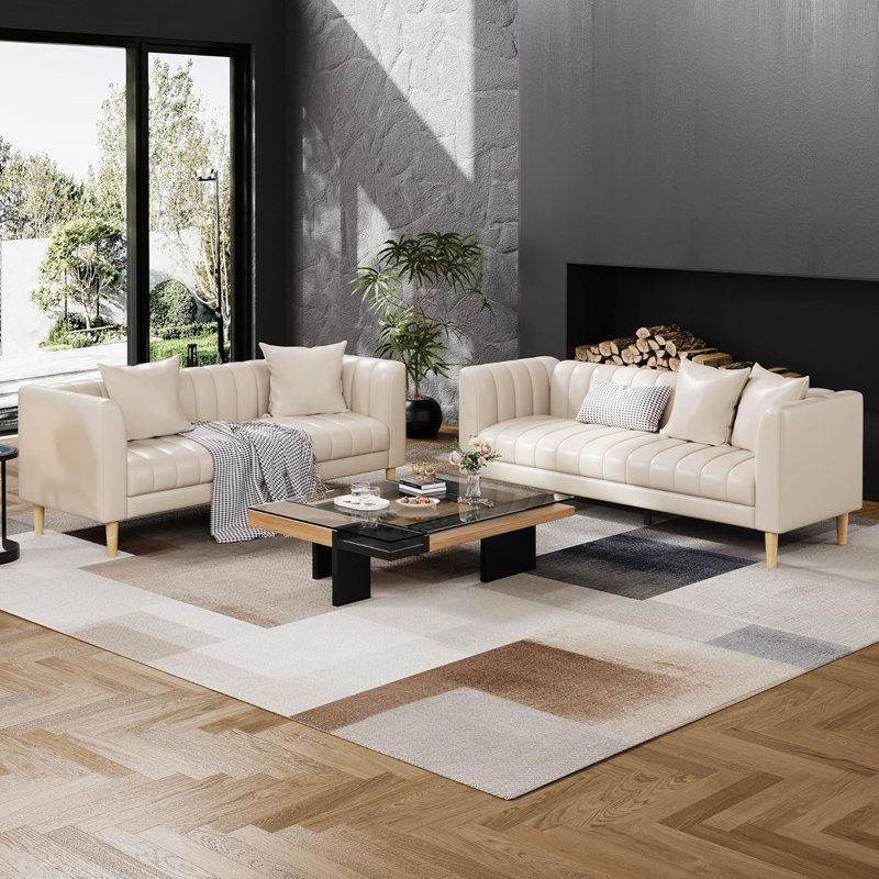 Faux Leather Sofa Couch, Modern 78" W Sofa with Deep Seats, 3 Seater Sofa Couch with 2 Throw Pillows and Wood Legs, Easy Assembly, for Living Room, Bedroom