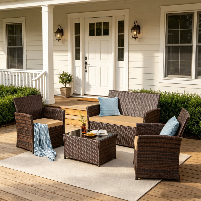 Ensemble de conversation pour patio pour 4 personnes avec coussins, Brown