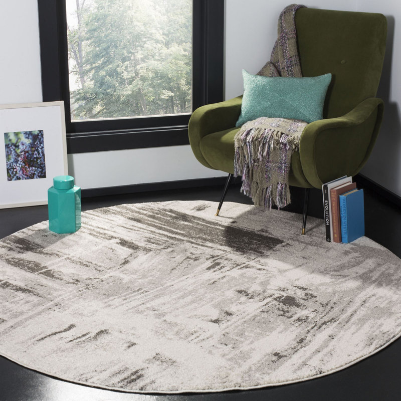 Riebe Abstract Ivory/Gray Area Rug, Round 7'
