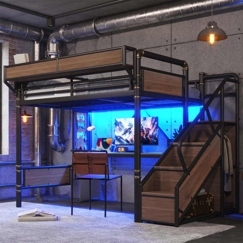 Lit mezzanine industriel en métal avec bureau intégré, bande à DEL et escalier de rangement, lit double avec prise de courant et paniers en filet (sans matelas)