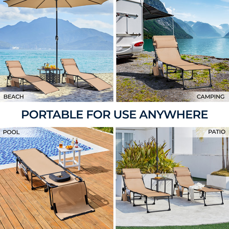 Outdoor Folding Tanning Chair Portable Beach Lounge Chair with Face Hole and Adjustable 5-Position, Beige