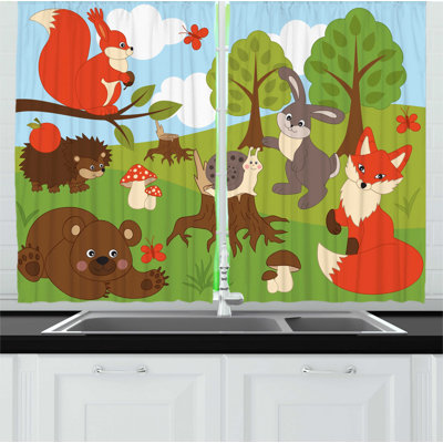 2 Piece forest Friends Woodland animals Cartoon with Fox Rabbit Bear Hedgehog Snail and Squirrel Kitchen Curtain Set -  East Urban Home, AD4D5DEDB83149E88E554EEC10CC2145