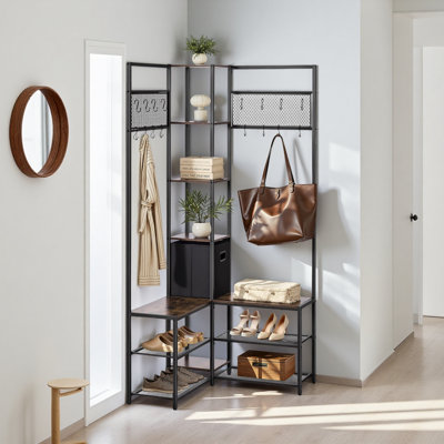 Corner Hall Tree With Shoe Bench, 70.9 In Coat Rack With Hooks And Steel Frame, Freestanding Clothes Shoes Rack Storage Organizer With Anti-Tip Set