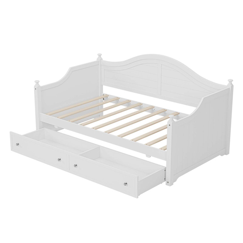 Lit de jour en bois avec 2 tiroirs de rangement et main courante, Blanc