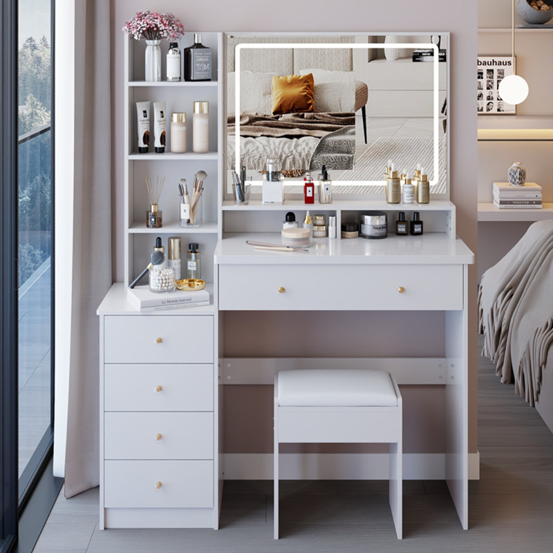 Grande table de chevet de 41 po avec tabouret de chevet + tabouret rembourré, très grand miroir à DEL à commande tactile, interrupteur à 3 couleurs, commode de rangement haute capacité multicouche, certificat EPA, GCC, UL