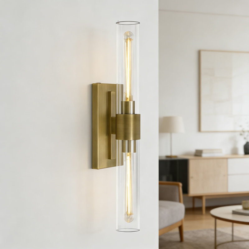 Ensemble de 2 appliques murales en laiton à 2 lumières à intensité variable avec abat-jour en verre transparent, applique en tube pour le salon, le couloir et le miroir de salle de bain