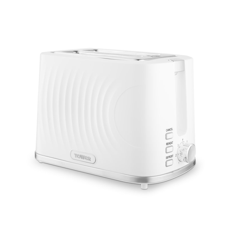 Tower Sonar 2-Slice Toaster with 7 Browning Levels, Defrost, Reheat & Cancel Settings, Removable Crumb Tray, 900W, White,T20090WHT