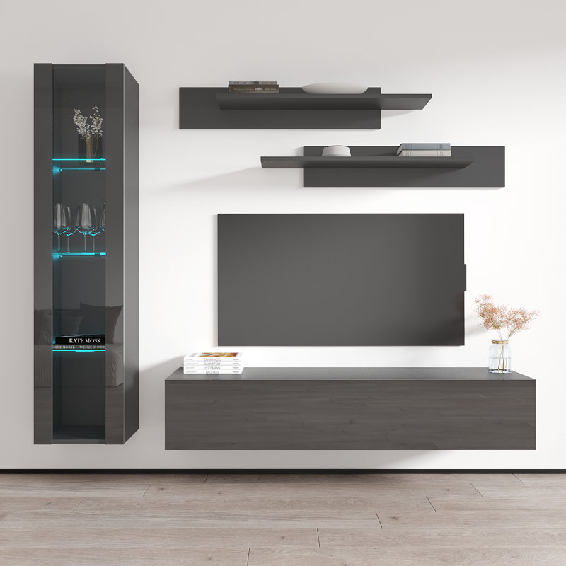 Wabasso 85" Modern Floating Wall Mounted Entertainment Center with 16-Color LED Lighting, High Gloss Finish, Gray