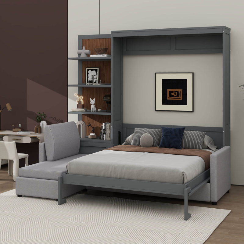 Grand lit escamotable mural avec sièges et tablettes intégrés, Gris