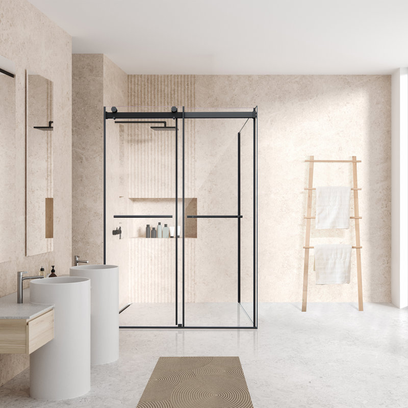Belizzi 52" W x 76" H Frameless Matte Black Shower Enclosure with Clear Glass