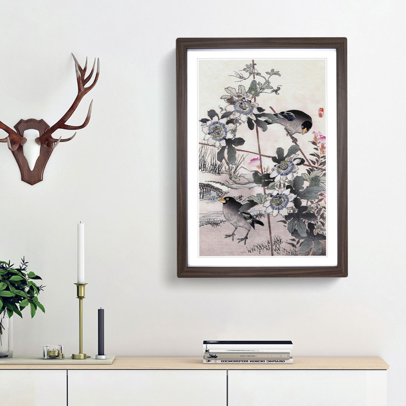 Birds in the Garden by Kono Bairei - Picture Frame Painting Print, Walnut Framed, 36cm H x 27cm W x 2cm D
