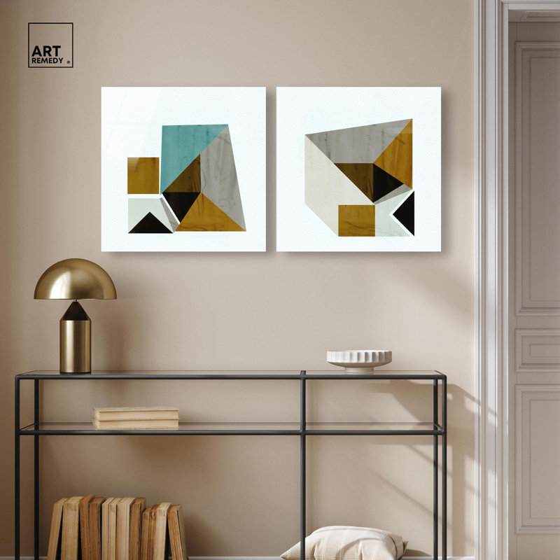 Ensemble de décorations murales colorées en impression acrylique « Mustard Geo » par Art Remedy, prêt à  accrocher, 12 x 12