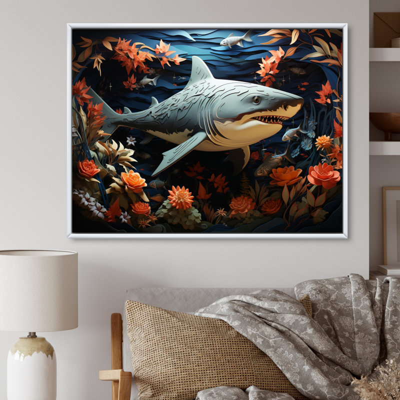 " Blue Shark Silent Hunter Papercut ", 24" H x 32" W x 1" D, White Floater Framed