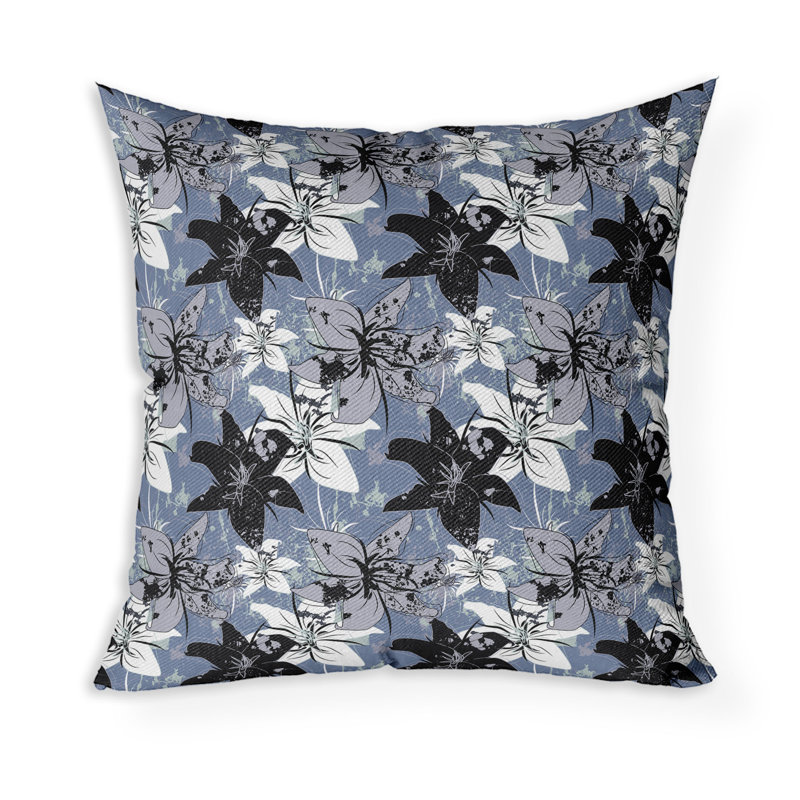 Coussin décoratif carré Lily, Bleu / Noir, H 16 po x l 16 po