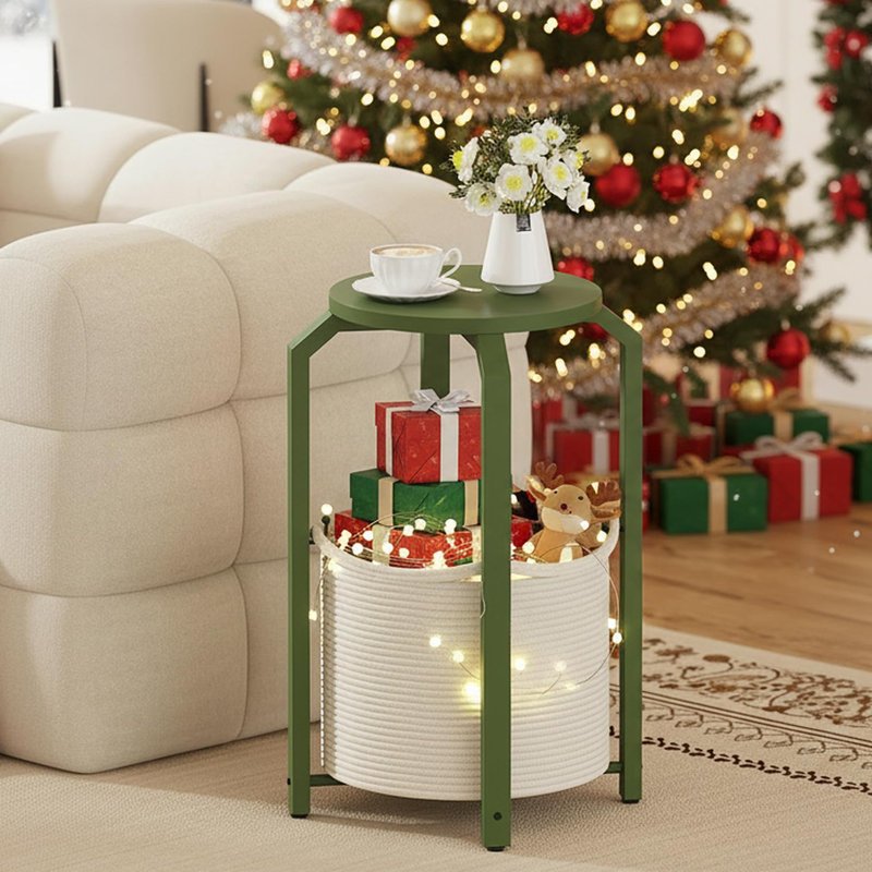 Small Side Table, Round End Table, Night Stand, Bedside Table, Sofa Table With Storage Basket, Living Room, Bed Room, Olive Green
