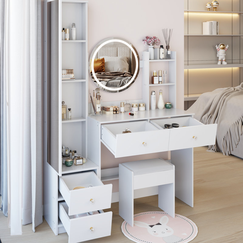 17" Diameter Led Mirror Vanity Table With 3 - Color Brightness Modifiable Lighting Fixture, Full Body Cabinet And Cushioned Stool, American Style White Dressing Package Design : Touch Enabled Mirror,