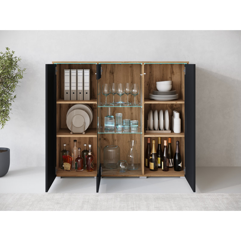 Dejanee Cm Chest Of Drawers With Glass Panels, Wotan Oak/Black