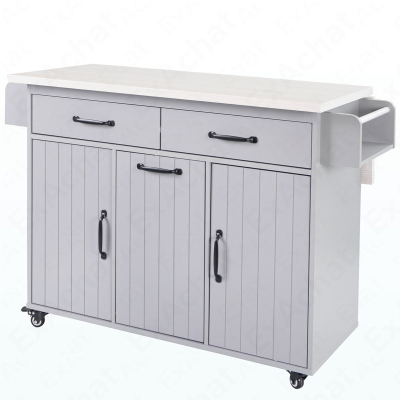 Kitchen Island With Trash Can Storage Cabinet, Kitchen Cart With Drop Leaf, Spice Rack, Towel Rack And Drawer, Rolling Kitchen Island On Wheels With Adjustable Shelf, Grey