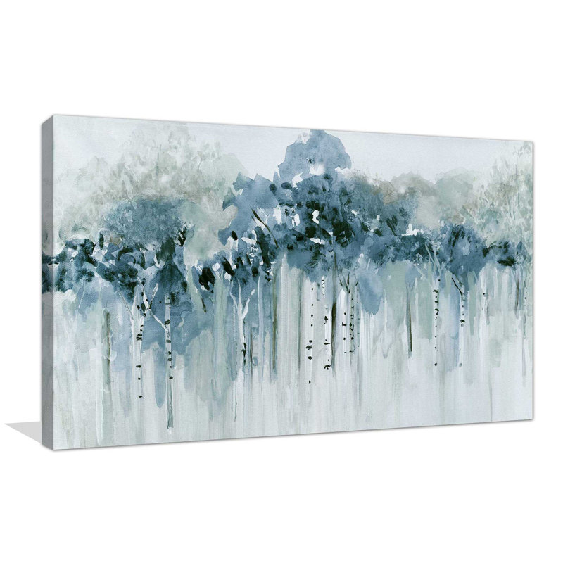«Blue Birch Morning» par - Peinture, Toile tendue, H 24 po x l 40 po x P 1,5 po