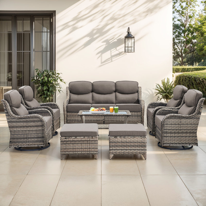  8-Piece Patio Furniture Set With Swivel Glider Chairs, 6-Inch Ultra-Plush Cushions & Water-Resistant Olefin Fabric, Gray