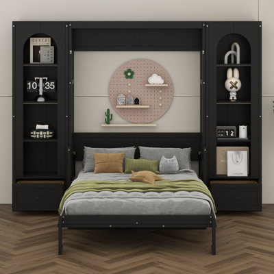Queen Size Murphy Bed With Desk, Wall Bed With Storage Side Cabinets, Drawers And LED Light, Hideaway Wall Bed Frame With Shelves