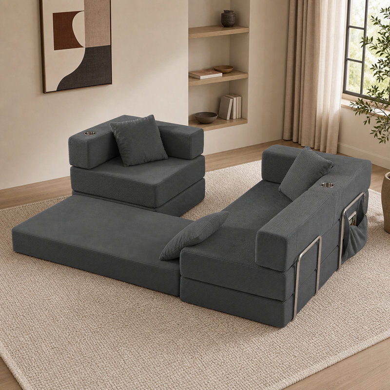 Canapé modulaire de 108 po avec méridienne en L et siège profond, Velours côtelé gris