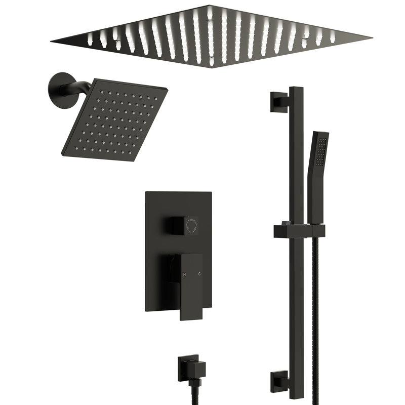 Pressure-Balanced Shower System, 12" LED Rainfall Shower Head with Slide Bar, Handheld Shower, Matte Black