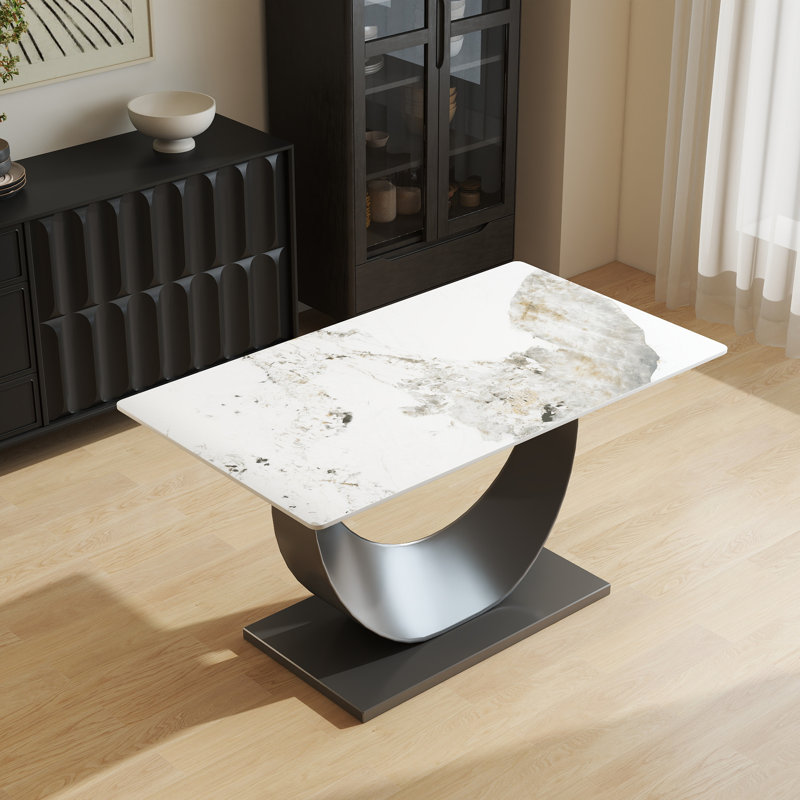 Modern Rectangular Sintered Stone Dining Table With Pedestal Base, 29.21" H x 55.11" L x 31.5" W, Beige