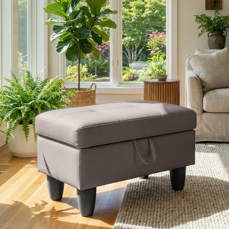 Rectangular Storage Ottoman Bench With Hinged Lid, Faux Leather Footrest For Living Room, Bedroom, Entryway, Champagne, 28.5"X19"X17.5"