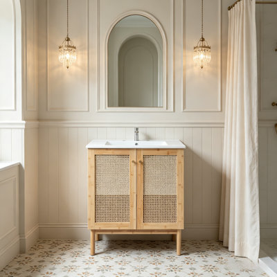 Meuble-lavabo en rotin fait à la main avec mécanisme de fermeture en douceur et lavabo en céramique facile d'entretien