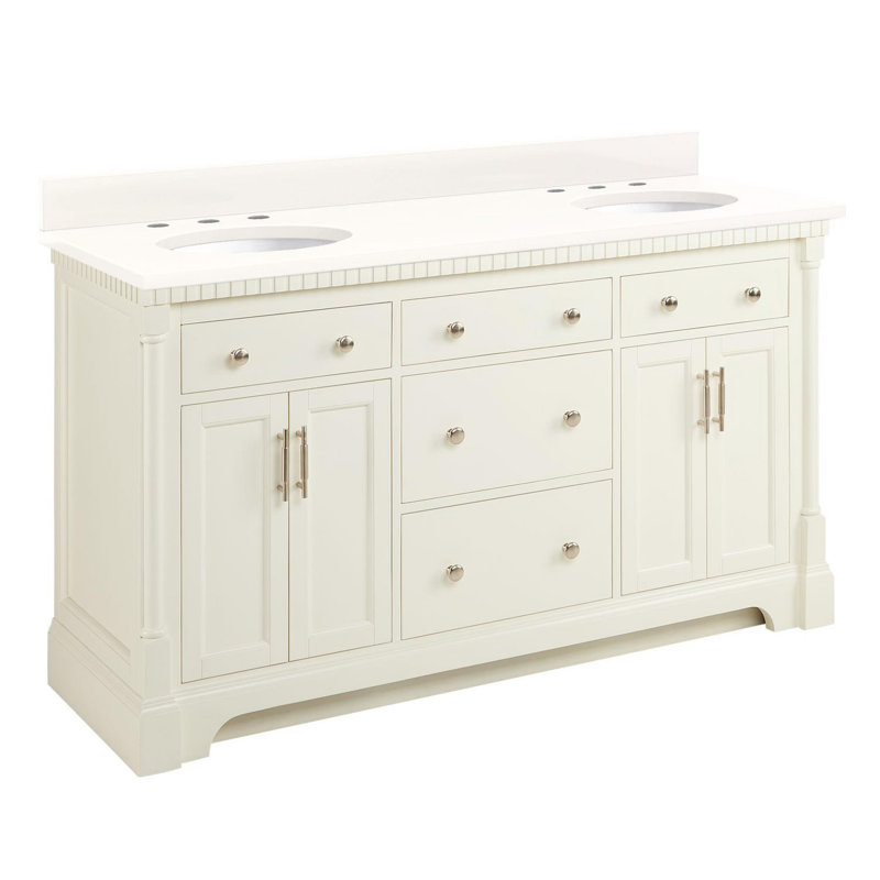 Claudia 60" Mahogany Double Basin Vanity Set with Cabinet, Vanity Top, Arctic White Quartz, Antique Coffee