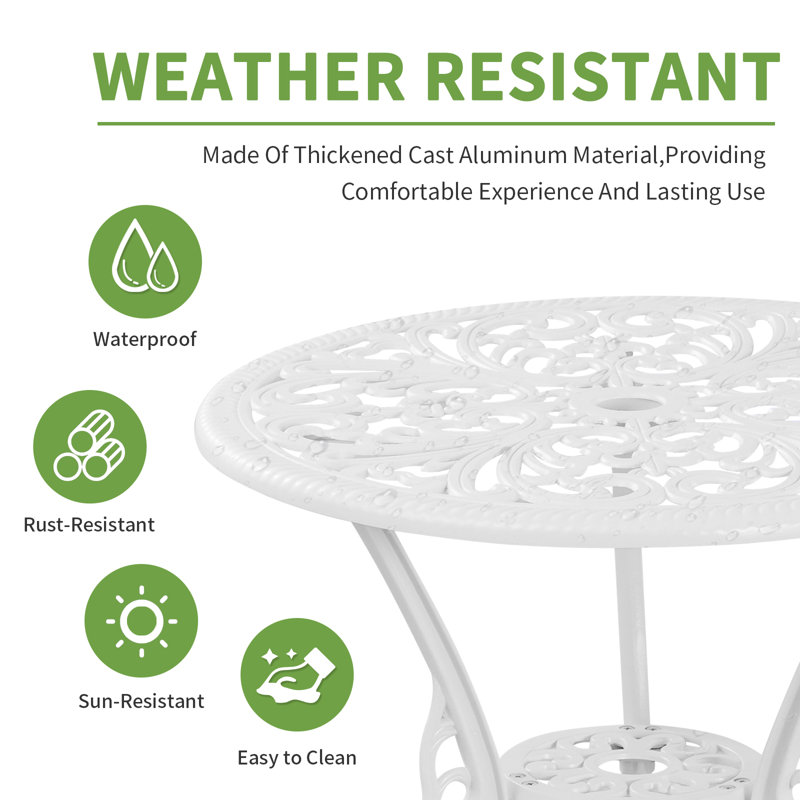 Outdoor Bistro Table and Chairs Set 2 with Umbrella Hole Cast Aluminum Patio Set 3 Piece for Garden