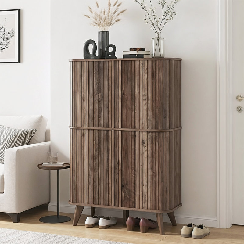 Aurel  Mid-Century 18-Pair Shoe Cabinet with Fluted Sliding Doors, Walnut