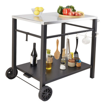 Outdoor Grill Dining Cart with Double-Shelf, Multifunctional Stainless Steel Table Top, Portable for BBQ and Pizza Oven