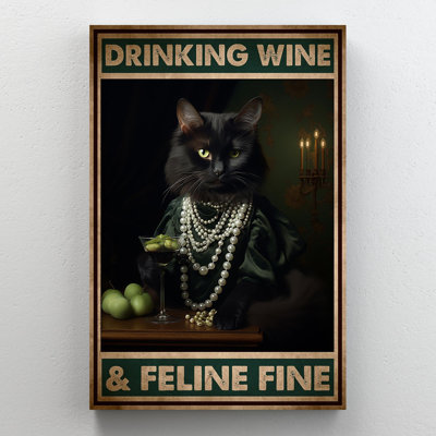 Chat qui boit du vin et une féline fine - 1 pièce