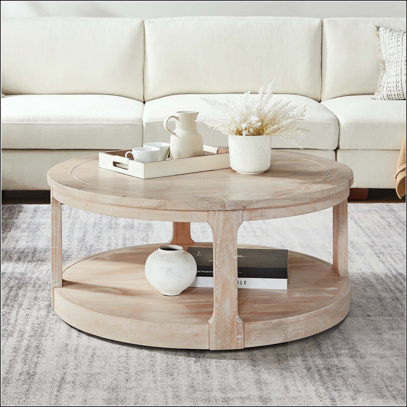 Grande table basse ronde en bois à 2 niveaux avec roulettes
