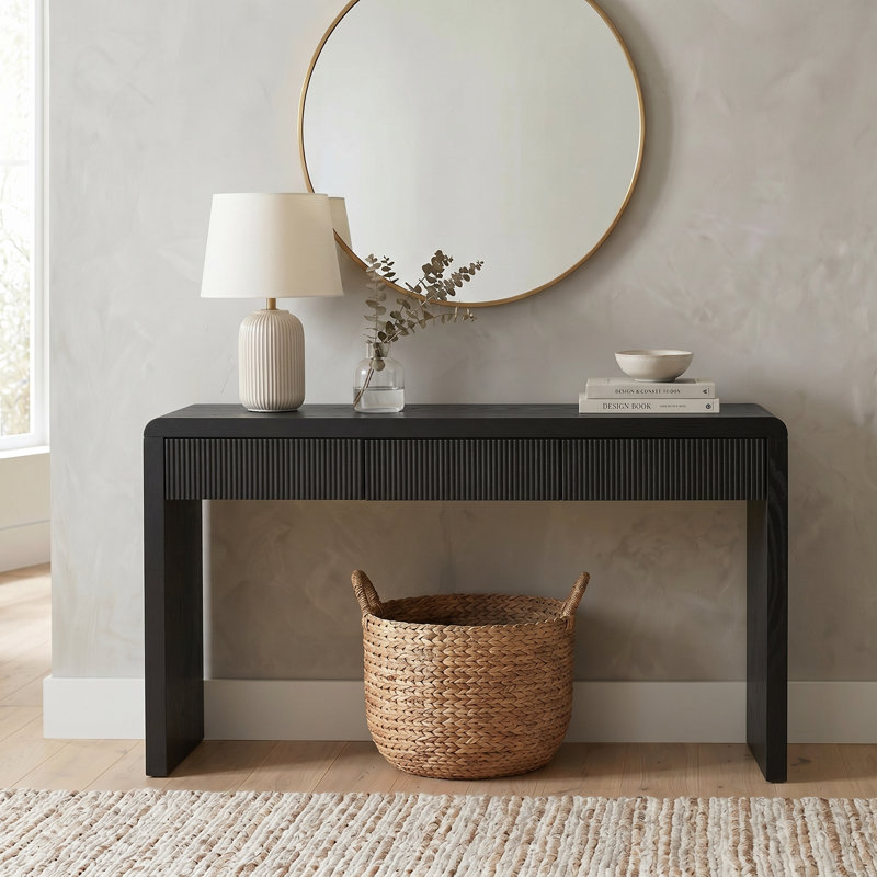 Console rustique avec 3 tiroirs cannelés, table d'entrée en placage de bois massif avec pieds réglables, table d'appoint noire résistante aux rayures