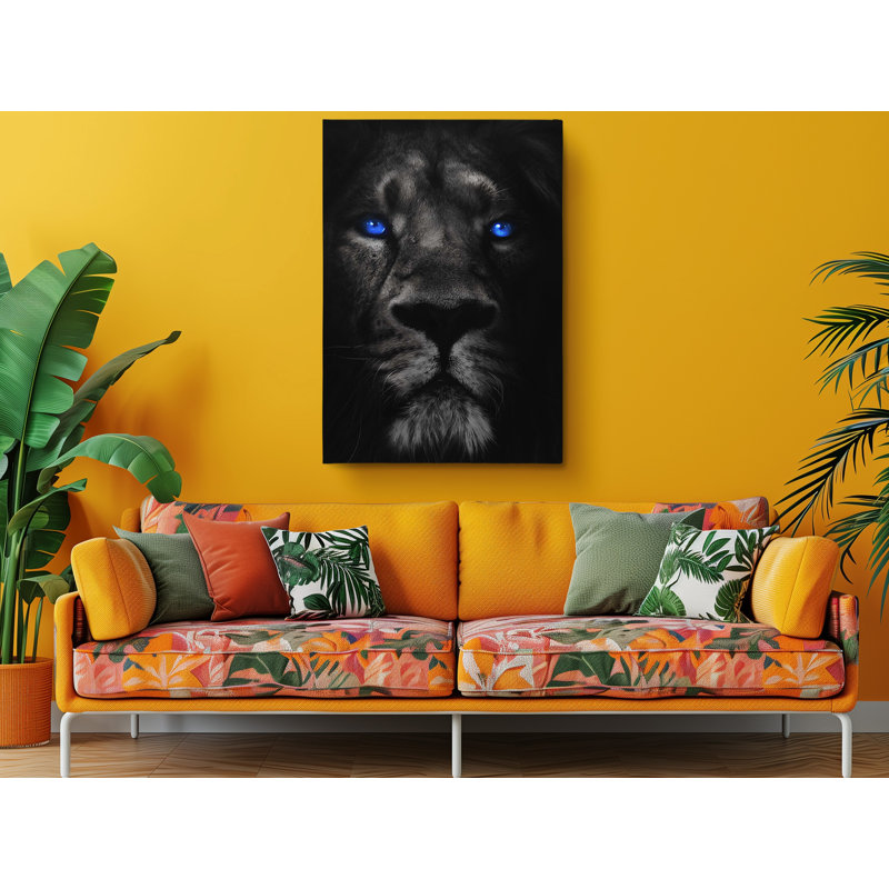 Lion noir aux yeux bleus, reproduction d'art sur toile, H 45 po x l 30 po