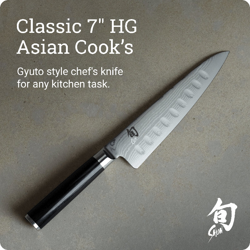 Shun Classic 7" Hollow Ground Asian Cook’s Knife, Handcrafted Japanese Kitchen Knife, VG-MAX Core Damascus Stainless Steel Cladding, Pakkawood Handle, Gyuto-Style Tool for Professional and Home Chefs