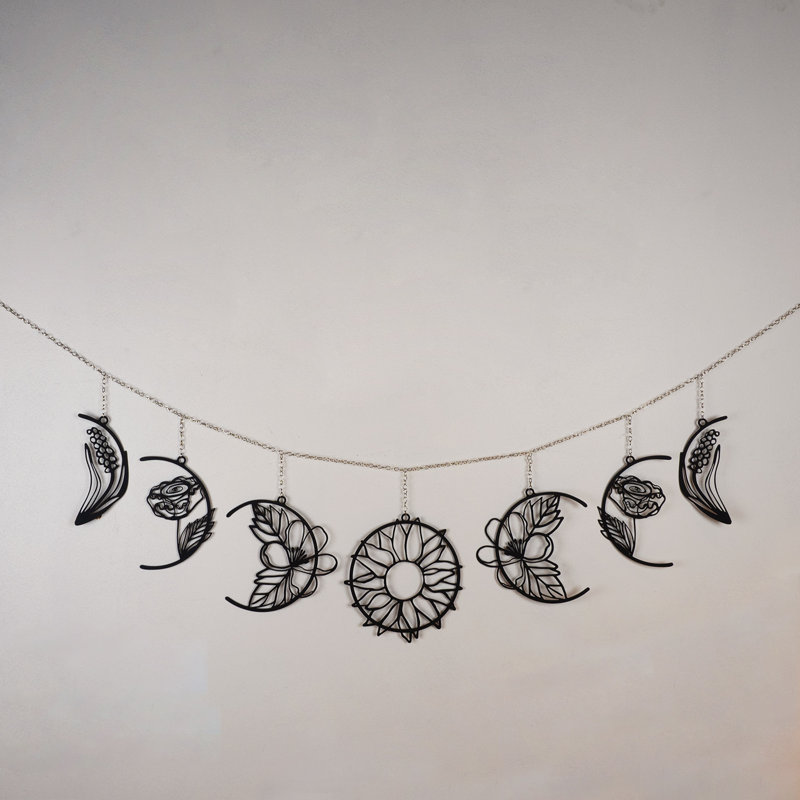 Floral Moon Phases Metal Wall Decor, Black