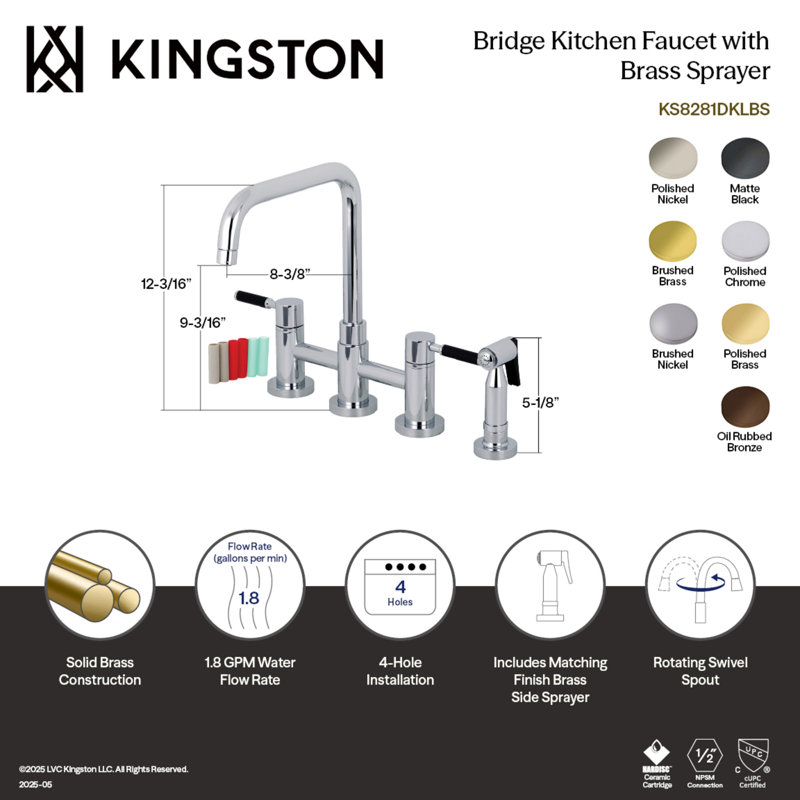 Kingston Brass Kaiser Two-Handle 4-Hole Deck Mount Bridge Kitchen Faucet with Brass Side Sprayer, Brushed Nickel