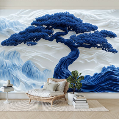 Peel and Stick Wallpaper 144" W x 100" H Modern Self Adhesive Wall Mural for Bedroom Blue Abstract Tree Flowing Lines Swirling Clouds